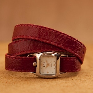 Burgundy red triple wrap leather watch interchangeable bracelet - Valentines gift