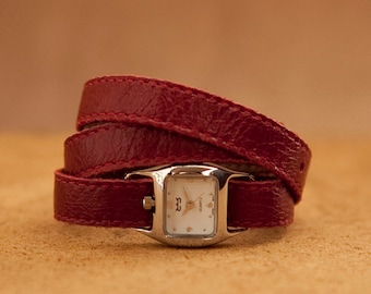 Bracelet interchangeable de montre en cuir triple enveloppe rouge bordeaux - Cadeau valentines
