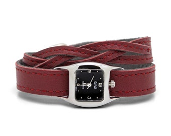 Red braided TWIST WATCH – Oxblood red double wrap leather watch interchangeable bracelet