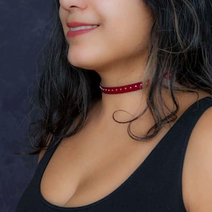 Studded red choker, red leather choker necklace - the Rebelle choker