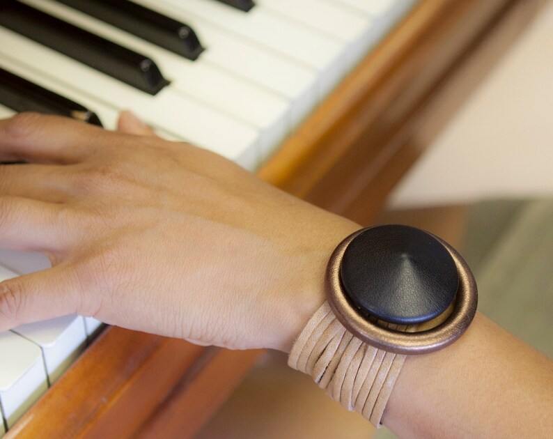 Beige and Black Leather Cuff Bracelet the Suoni Light Brown Cuff