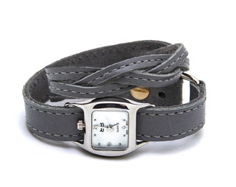 Grey braided TWIST WATCH – Gray double wrap leather watch interchangeable bracelet
