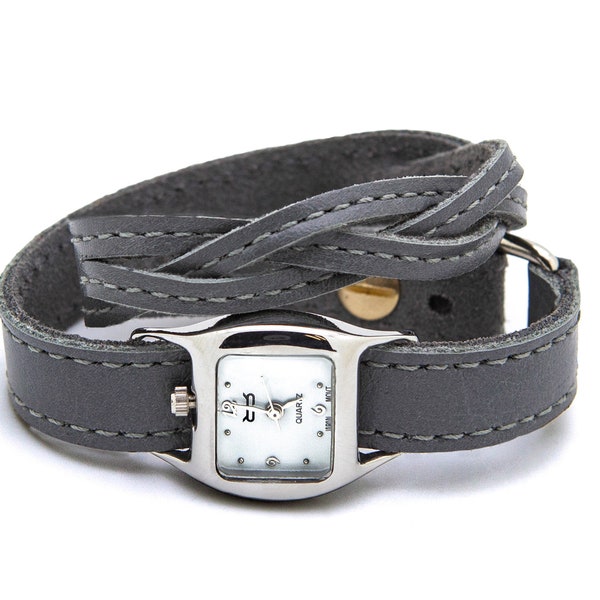 Grey tressed TWIST WATCH – Bracelet interchangeable montre en cuir à double enveloppe gris