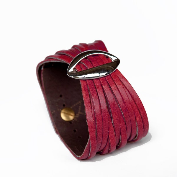 Red Bracelet, Womens Leather Cuff, Multi Strand Cuff Bracelet  - the Lips cuff