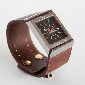 Tan leather watch, square graphic Fulcrum - - Fathers Day Gift