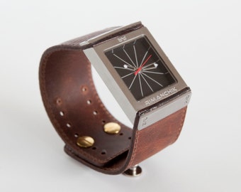 Tan leather watch, square graphic Fulcrum - - Fathers Day Gift