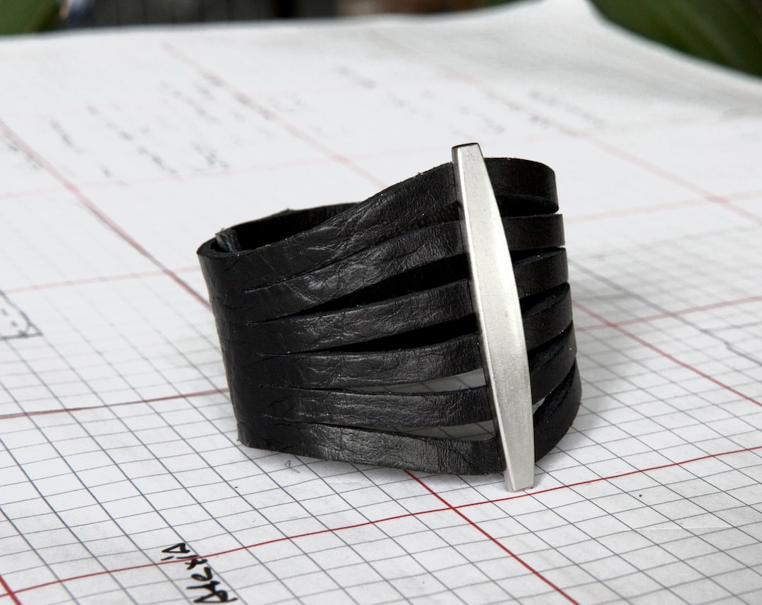 Women's Leather Cuff Bracelet Black Flare Etsy