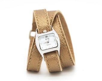 Metallic leather watch, champagne triple wrap watch, leather cuff  - TWIST