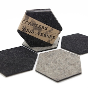 Wool felt coasters, set of 4 grey coasters, modern hexagon coasters