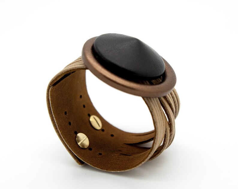 Beige and Black Leather Cuff Bracelet the Suoni Light Brown Cuff