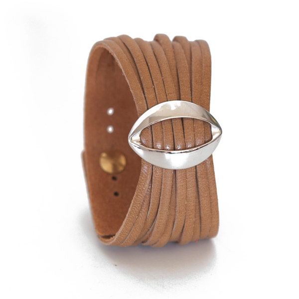 Light Brown Leather Cuff, Womens Beige Bracelet, Camel cuff  - Lips cuff