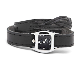 Zwart gevlochten TWIST WATCH – Zwart dubbelwrap lederen horloge verwisselbare armband