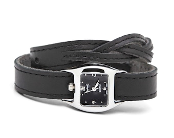 Black braided TWIST WATCH – Black double wrap leather watch interchangeable bracelet