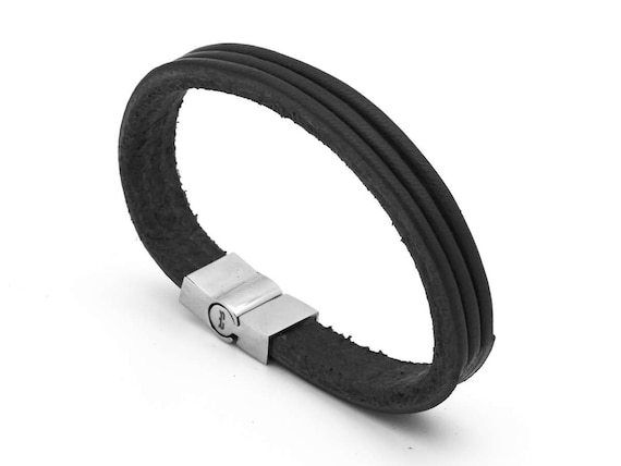 Black leather bracelet, Minimalist cuff bracelet, Mens black bracelet cuff  the TRI Cuff
