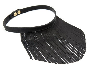 Black Fringe Necklace, Leather Fringe Choker, Statement Necklace