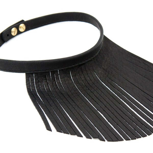 Black Fringe Necklace, Leather Fringe Choker, Statement Necklace