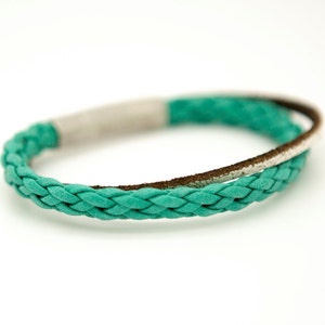 Green braided cuff, ocean green leather cuff bracelet    - the Django