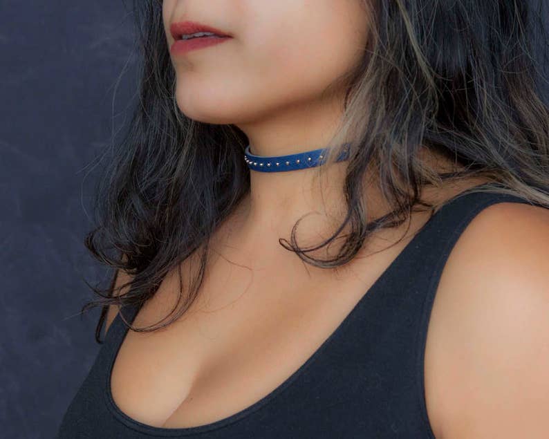 Blue Leather Choker, Studded Blue Choker Necklace - the Rebelle Choker ...