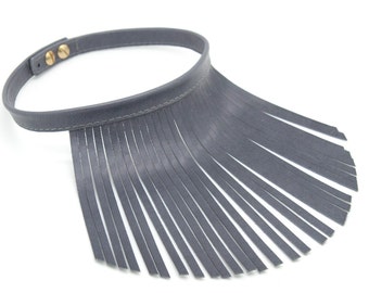 Grey leather fringe necklace, Grey fringe necklace, Grey leather choker