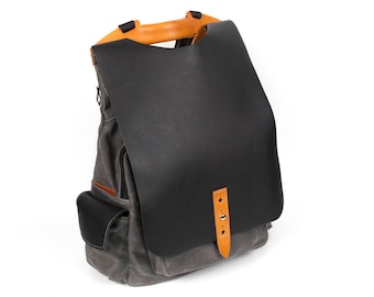 Waxed canvas and leather backpack | Black and grey rucksack | Laptop bag - the Tucker