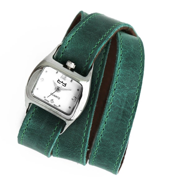 Jade leather wrap watch, green watch, interchangeable bracelet  - TWIST