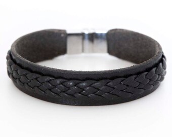 Mens black leather bracelet, Mens cuff bracelet, Mens jewelry - the Twain Cuff