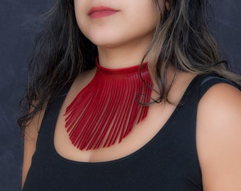 Red Fringe Necklace, Red Leather Choker, Statement Necklace, Red Choker Necklace