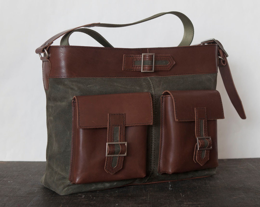 Army Green Messenger Bag, Waxed Canvas and Leather Crossbody Bag VIA I