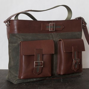 Army green messenger bag, waxed canvas and leather crossbody bag  - VIA I