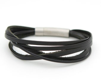 Black multistrand leather cuff, Layered black cuff bracelet - the XYZ Cuff