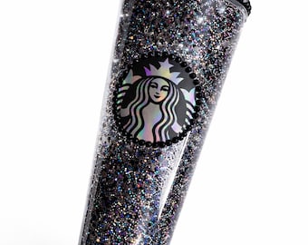 Bicchiere Starbucks olografico nero con glitter / Bicchiere freddo con logo in strass / Bicchiere Starbucks personalizzato Dark Glam / Bicchiere da caffè freddo riutilizzabile da 24 once
