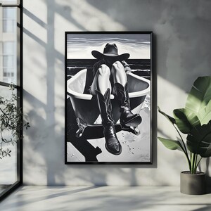 Cowgirl in Bathtub Wall Art, Coastal Cowgirl Bathroom Decor, Rustic Western Style Art Print, Vintage Country Aesthetic, Digital Download