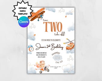 Airplane 2nd Birthday Invitation: Aviation Theme (Editable Canva Template)