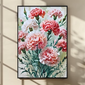 Carnation Printable Wall Art, Vintage Flower Artwork for Home Decor, Digital Floral Botanical Carnation Illustration, Digital Download