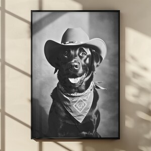 Black Labrador Cowgirl Wandkunst, Trendiger Cowgirl Hut Druck, Vintage Hund Kunst, lustige westliche Wohnung oder Wohnkultur, Sofortiger digitaler Download