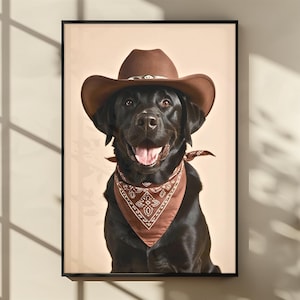 Digitaler Hundedruck mit Westernhut, Black Labradorit, Cowgirl Wandkunst, Vintage lustige Dekoration für Bauernhaus oder rustikale Hausästhetik