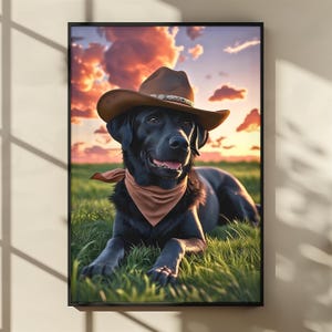 Black Labrador Cowgirl Wandkunst, trendiges Western Digital Hunde Poster, lustiges Cowgirl Dekor für Wohnung, Büro oder Ranch Stil zu Hause