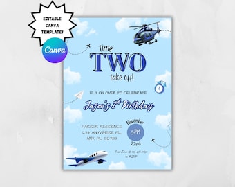 Modern Airplane 2nd Birthday Invitation: Aviation Theme (Editable Template)