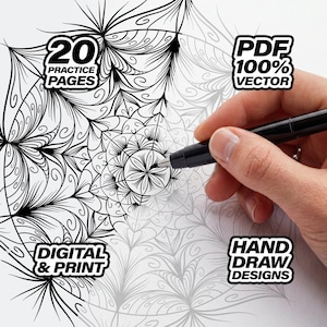Puede incluir: Diseño de mandala en blanco y negro con el texto "20 Practice Pages", "Digital & Print", "PDF 100% Vector" y "Hand Draw Designs". Una mano sostiene un bolígrafo negro, dibujando sobre el mandala.