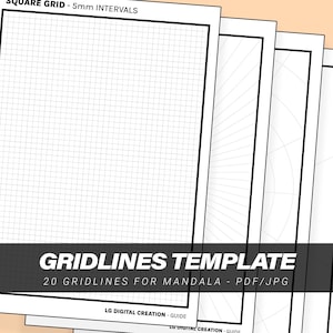 Könnte beinhalten: Ein Stapel weißer Papiervorlagen mit schwarzen Rasterlinien. Das oberste Blatt trägt den Text "SQUARE GRID - 5mm INTERVALS". Der Text "GRIDLINES TEMPLATE" und "20 GRIDLINES FOR MANDALA - PDF/JPG" sind ebenfalls sichtbar. Der untere Teil des Bildes zeigt den Text "LG DIGITAL CREATION - GUIDE".