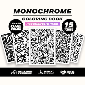 以下が含まれることがあります： 15枚のリラックスできるページを含む「Psychedelic Pack」というタイトルのモノクロ塗り絵。表紙には、黒と白の抽象的な波模様やドット模様が描かれた5枚の長方形のシートが表示されています。テキストには「MONOCHROME COLORING BOOK」や「INSTANT DOWNLOAD」などが含まれています。