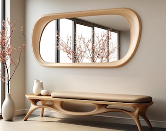 Oak Mid Century Modern Mirror, Oak Asymmetical Mirror, Oak Irregular Mirror, Irregular Wooden Mirror,  Wooden Framed Asymmetrical  Mirror