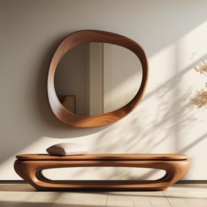 May include: A wooden bench with a curved design and a cushion. The bench is in front of a wall with a large, oval-shaped mirror with a wooden frame.