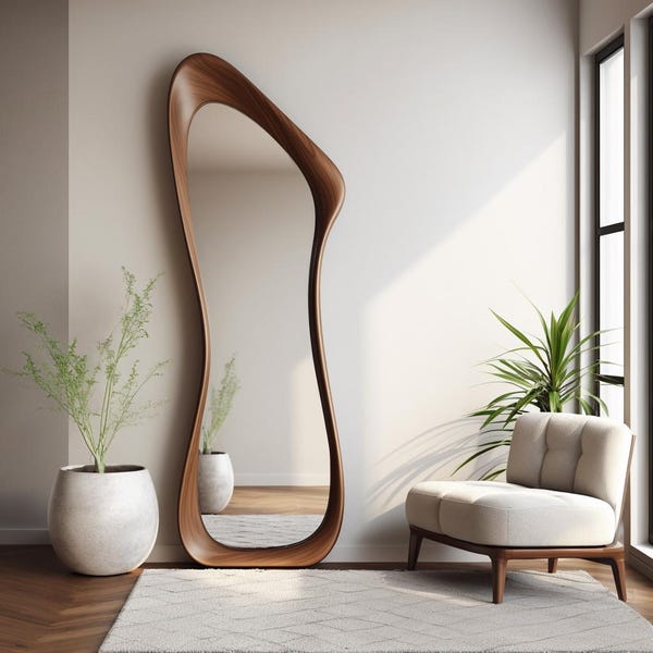 Asymmetrical Walnut Full Length Mirror, Irreglar Wooden Mirror, Mid Century Mirror, Rustic Walnut Asymmetrical Mirror, Standing Mirror