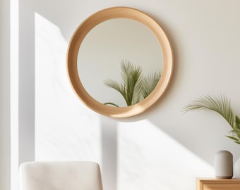 Oak Round Mirror, Oak Framed Round Wall Mirror,  Wooden Framed Round Mirror, Mid Century Modern Mirror, Round Wall Mirror