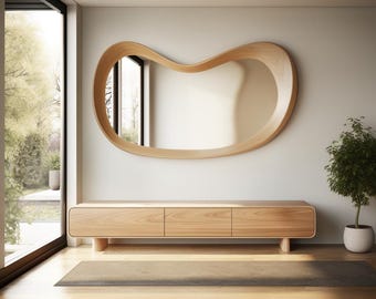 Oak Irregular Mirror, Mid Century Modern Mirror, Oak Asymmetical Mirror, Irregular Wooden Mirror,  Wooden Framed Asymmetrical  Mirror