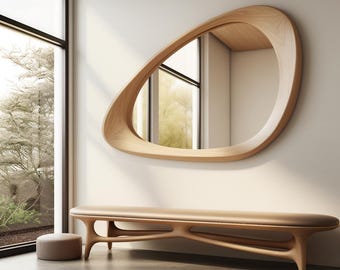 Oak Irregular Mirror, Oak Asymmetrical Mirror, Asymmetrical Entryway Mirror, , Wooden Framed Asymmetrical  Mirror, Irregular Wooden Mirror