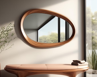 May include: A light pink, curved wooden bench with a unique design. The bench has a smooth, rounded surface and a wide, comfortable seat. The bench is positioned in front of a large, oval-shaped mirror with a wooden frame.