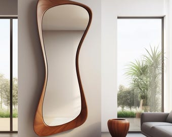 Real Walnut Asymmetrical Mirror, Irreglar Wall Mirror, Mid Century Modern Mirror, Wooden Asymmetrical Mirror, Decorative Mirror, Wall Decor