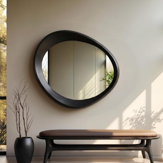 Black Oak Irregular Mirror, Asymmetrical Wooden Mirror, Walnut Entryway Mirror, Decorative Wall Mirror, Mcm Mirror, Mirror Wall Decor